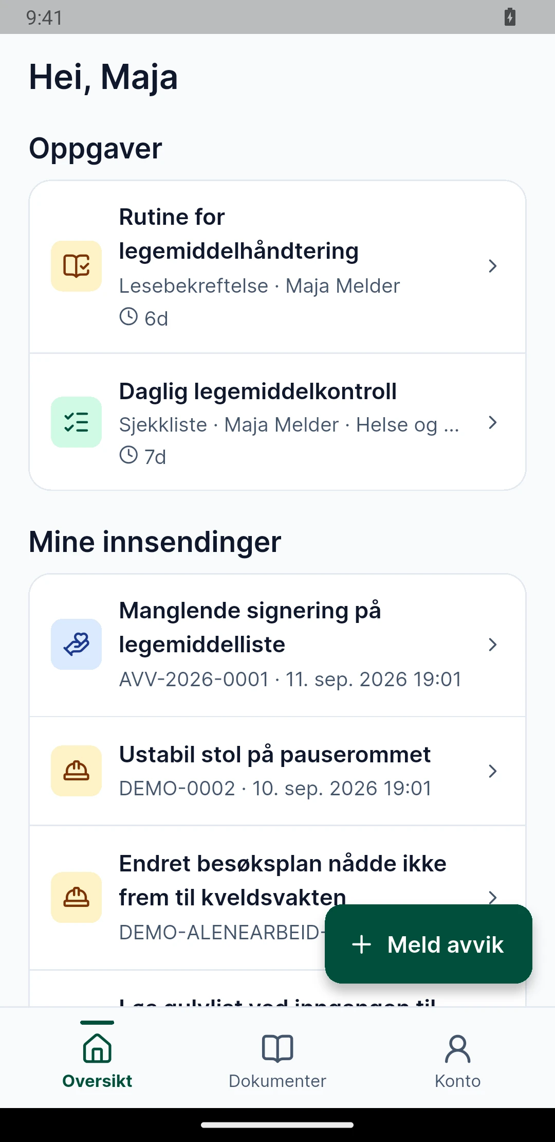 Maretto på Android med Maja Melders oppgaver i demoorganisasjonen Fjordvik kommune.