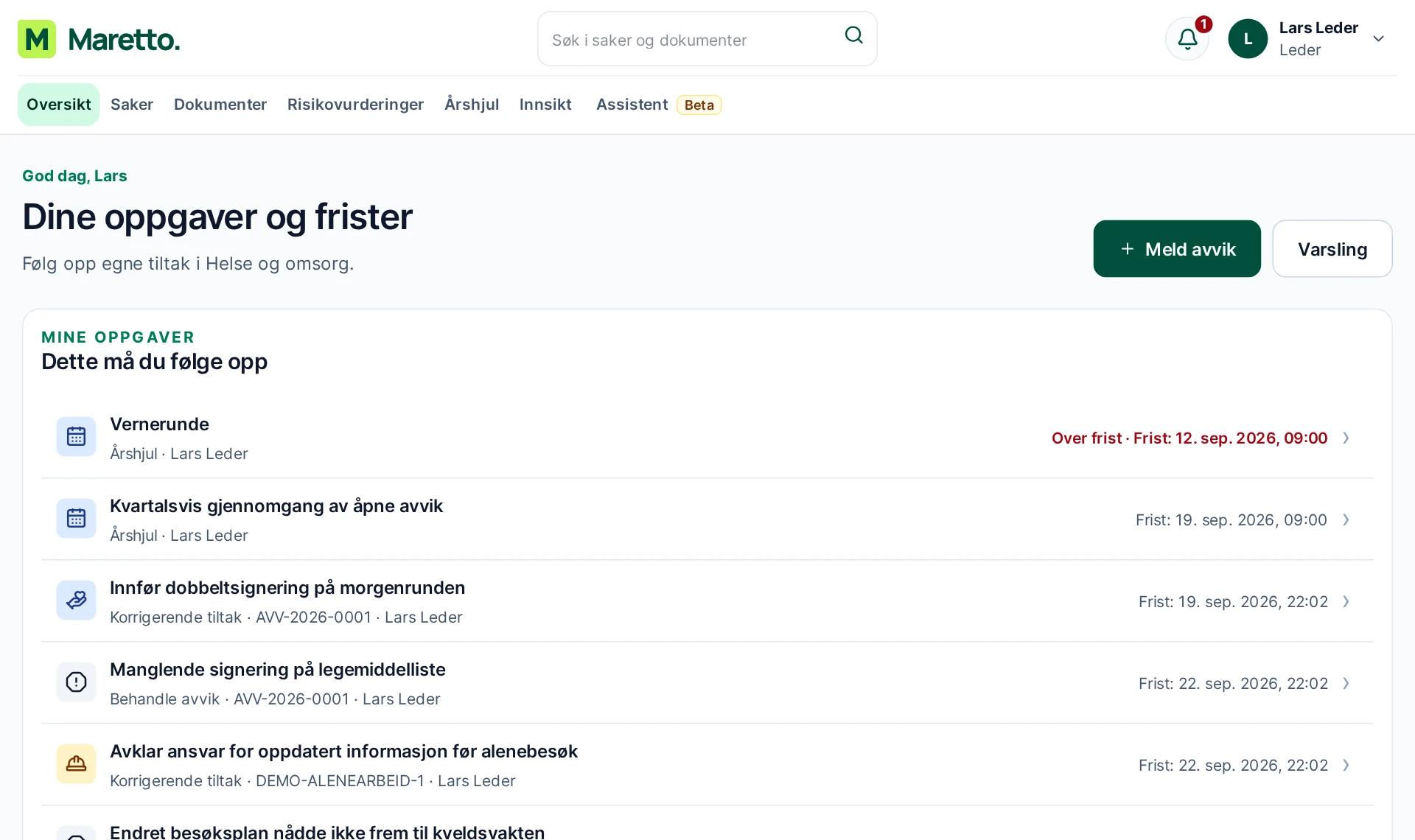 Maretto-nettappen med oppgaver og frister for Lars Leder i demoorganisasjonen Fjordvik kommune.